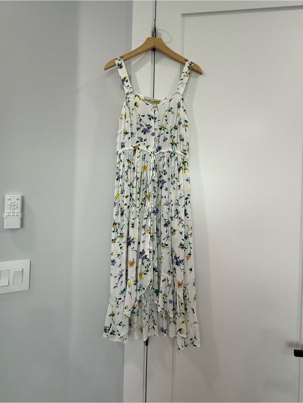 Loft Women’s White Purple Yellow Floral Midi Sundress with Tie Waist Ruffles 4